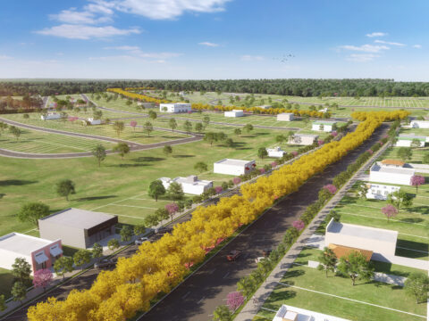 Imagem do planejamento e desenvolvimento do loteamento com infraestrutura completa e lotes prontos para compra, representando as oportunidades de financiamento de terreno.