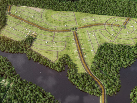 Imagem do planejamento do loteamento Lacus, mostrando a distribuição das ruas e lotes ao redor do Lago Janauari, com áreas de convivência, infraestrutura planejada e áreas verdes.