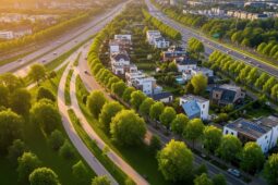 Vista aérea ultrarrealista de um bairro planejado e moderno ao nascer do sol, com ruas arborizadas, casas de design e uma ciclovia que serpenteia por um parque verde.