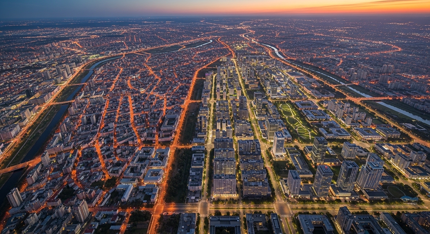 Vista aérea panorâmica de uma metrópole moderna durante o pôr do sol. A imagem destaca um planejamento urbano organizado com avenidas largas e iluminadas, grandes complexos de edifícios contemporâneos e áreas verdes integradas. Dois rios cortam a malha urbana, simbolizando o conceito de smart city e o desenvolvimento sustentável de grandes centros