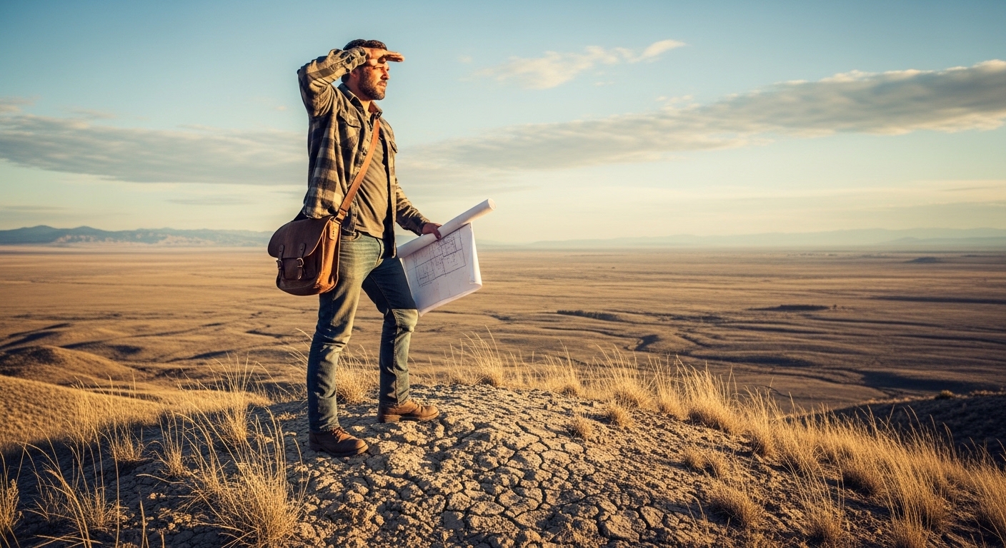 Uma mulher de vestido azul e um homem de camisa polo azul estão de pé em uma estrada de terra rural. A mulher segura um mapa de papel aberto e aponta para o horizonte, enquanto o homem observa segurando um tablet. Eles estão em meio a um vale gramado com árvores e colinas suaves sob o céu claro do entardecer, planejando uma rota de viagem ou a localização de um futuro projeto