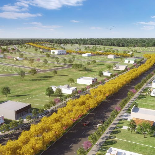 Imagem do planejamento e desenvolvimento do loteamento com infraestrutura completa e lotes prontos para compra, representando as oportunidades de financiamento de terreno.