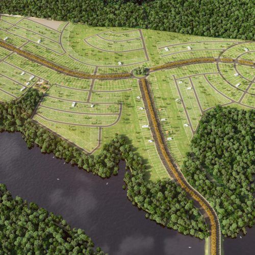 Imagem do planejamento do loteamento Lacus, mostrando a distribuição das ruas e lotes ao redor do Lago Janauari, com áreas de convivência, infraestrutura planejada e áreas verdes.