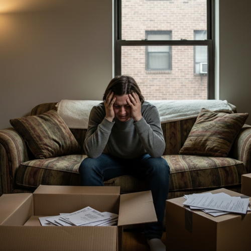 Um homem jovem sentado em um sofá marrom, com as mãos na cabeça em sinal de desespero e exaustão. Ele está cercado por várias caixas de papelão abertas e fechadas, papéis espalhados e pilhas de livros. A cena retrata o estresse emocional e a sobrecarga física comuns em processos de mudança residencial ou grandes transições de vida