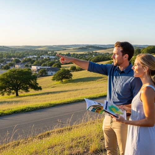 Um homem e uma mulher jovens estão de pé no topo de uma colina gramada durante o pôr do sol, observando uma vista panorâmica de um vale com pequenas construções e árvores. O homem aponta para o horizonte enquanto a mulher segura um folheto e um tablet que exibe um mapa. Ambos sorriem, transmitindo uma sensação de otimismo e planejamento para o futuro em um ambiente natural e tranquilo